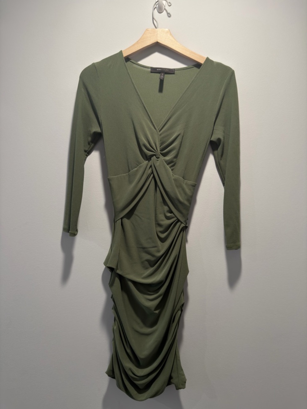 BCBGMaxAzria Olive Green Twist-Front Long Sleeve Dress